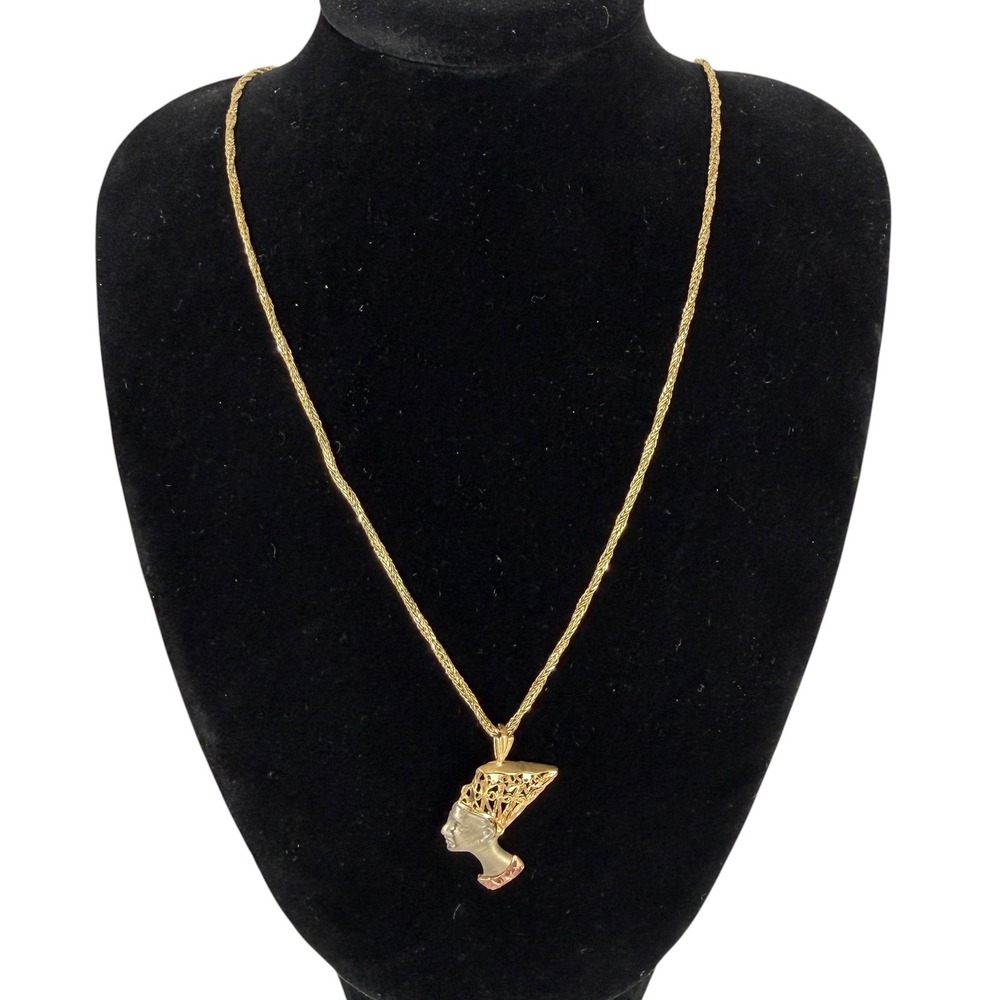 14K Tri Color Queen Nefertiti Pendant Necklace 18 Inch Italian Wheat Chain - Picture 2 of 10